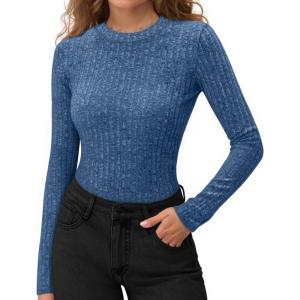 imageMANGOPOP Long Sleeve Shirts for Women Thermal Ribbed Crew Neck Lightweight Sweater Fitted Fall Winter Womens Tops 2025 TrendyDeep Blue