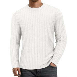 imageMANGOPOP Mens Long Sleeve Tee Shirts Casual Stretchy Thermal Round Crew Neck TShirt Ribbed Knit Fall Winter Tops 2025A02 White