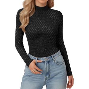 imageMANGOPOP Women Mock Turtle Neck Long Sleeve Shirts Sparkly Sequin Rhinestone Tops Fall Outfits Fashion Tee Winter UndershirtBlack