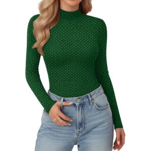 imageMANGOPOP Women Mock Turtle Neck Long Sleeve Shirts Sparkly Sequin Rhinestone Tops Fall Outfits Fashion Tee Winter UndershirtDeep Green