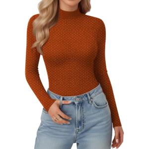 imageMANGOPOP Women Mock Turtle Neck Long Sleeve Shirts Sparkly Sequin Rhinestone Tops Fall Outfits Fashion Tee Winter UndershirtOrange