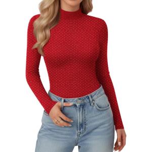 imageMANGOPOP Women Mock Turtle Neck Long Sleeve Shirts Sparkly Sequin Rhinestone Tops Fall Outfits Fashion Tee Winter UndershirtRed