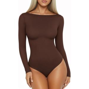 imageMANGOPOP Womens Boat Neck Long Sleeve Bodysuit Basic Thong Body Suit Fall Going Out Tops 2025Coffee