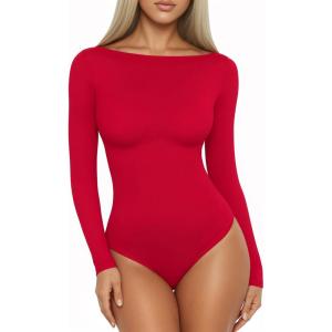 imageMANGOPOP Womens Boat Neck Long Sleeve Bodysuit Basic Thong Body Suit Fall Going Out Tops 2025Red