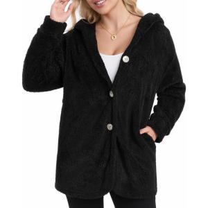 imageMANGOPOP Womens Fleece Jacket 2025 Winter Oversized Fuzzy Hooded Coat Button Cardigan Sherpa Sweaters Outerwear with PocketsAblack