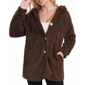 imageMANGOPOP Womens Fleece Jacket 2025 Winter Oversized Fuzzy Hooded Coat Button Cardigan Sherpa Sweaters Outerwear with PocketsBbrown