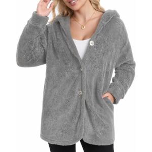 imageMANGOPOP Womens Fleece Jacket 2025 Winter Oversized Fuzzy Hooded Coat Button Cardigan Sherpa Sweaters Outerwear with PocketsCgrey