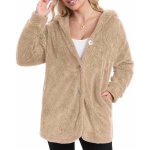 imageMANGOPOP Womens Fleece Jacket 2025 Winter Oversized Fuzzy Hooded Coat Button Cardigan Sherpa Sweaters Outerwear with PocketsDkhaki