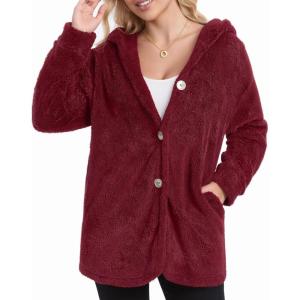imageMANGOPOP Womens Fleece Jacket 2025 Winter Oversized Fuzzy Hooded Coat Button Cardigan Sherpa Sweaters Outerwear with PocketsEwine Red