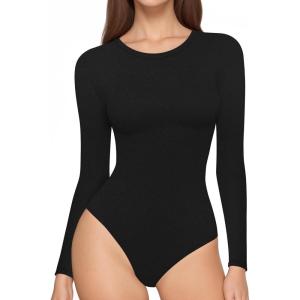 imageMANGOPOP Womens Long Sleeve Thermal Fleece Bodysuit Crew Neck Slim Fit Body Suit Warm Base Layer Tops Fall Outfits 2025A01 Black