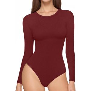 imageMANGOPOP Womens Long Sleeve Thermal Fleece Bodysuit Crew Neck Slim Fit Body Suit Warm Base Layer Tops Fall Outfits 2025Burgundy