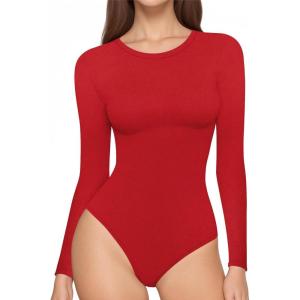 imageMANGOPOP Womens Long Sleeve Thermal Fleece Bodysuit Crew Neck Slim Fit Body Suit Warm Base Layer Tops Fall Outfits 2025Red
