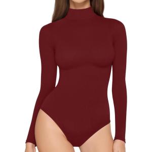 imageMANGOPOP Womens Long Sleeve Thermal Fleece Bodysuit Mock Turtle Neck Body Suit Slim Warm Base Layer Tops Fall Outfits 2025Burgundy
