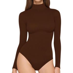 imageMANGOPOP Womens Long Sleeve Thermal Fleece Bodysuit Mock Turtle Neck Body Suit Slim Warm Base Layer Tops Fall Outfits 2025Coffee