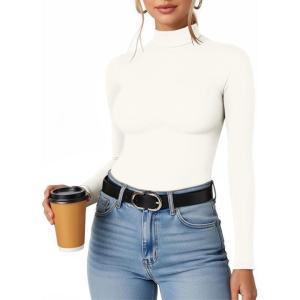 imageMANGOPOP Womens Mock Turtleneck Long Sleeve Shirt Fall Outfits Fashion Thermal Undershirt Basic Tops Fitted Layer Tee 202502 White