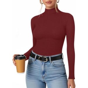 imageMANGOPOP Womens Mock Turtleneck Long Sleeve Shirt Fall Outfits Fashion Thermal Undershirt Basic Tops Fitted Layer Tee 2025Burgundy