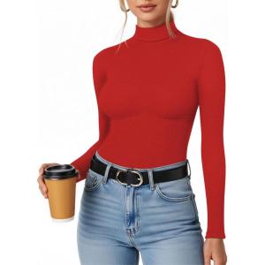 imageMANGOPOP Womens Mock Turtleneck Long Sleeve Shirt Fall Outfits Fashion Thermal Undershirt Basic Tops Fitted Layer Tee 2025Red