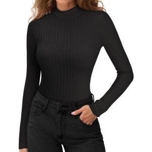 imageMANGOPOP Womens Mock Turtleneck Long Sleeve Shirts Thermal Ribbed Knitted Sweater Shirt for Womens 2025 Trendy TopsA Black