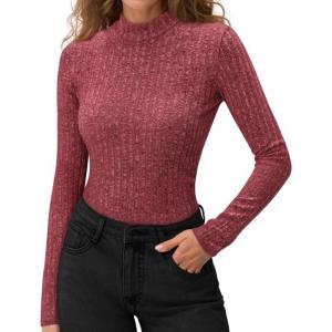 imageMANGOPOP Womens Mock Turtleneck Long Sleeve Shirts Thermal Ribbed Knitted Sweater Shirt for Womens 2025 Trendy TopsBurgundy