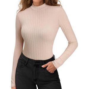 imageMANGOPOP Womens Mock Turtleneck Long Sleeve Shirts Thermal Ribbed Knitted Sweater Shirt for Womens 2025 Trendy TopsNude