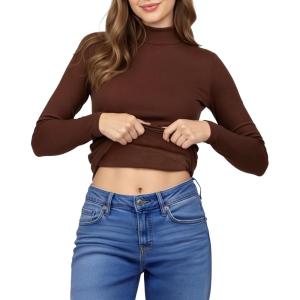 imageMANGOPOP Womens Mock Turtleneck Shirt Long Sleeve Thermal Polar Fleece Lined Basic Tops Going Out 2025 Trendy WearBrown