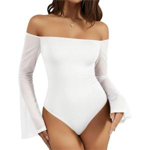 imageMANGOPOP Womens Off The Shoulder Double Lined Bodysuit Mesh Bell Sleeve Body Suits Sexy Going Out Fall Backless Tops 202502 White