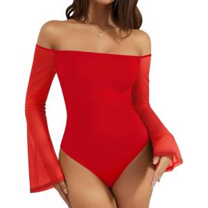 imageMANGOPOP Womens Off The Shoulder Double Lined Bodysuit Mesh Bell Sleeve Body Suits Sexy Going Out Fall Backless Tops 202503 Red