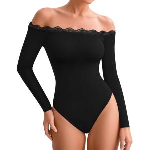 imageMANGOPOP Womens Off The Shoulder Long Sleeve Bodysuit Lace Body Suits Sexy Tops Fall Outfit 202501 Black