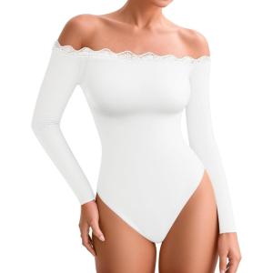 imageMANGOPOP Womens Off The Shoulder Long Sleeve Bodysuit Lace Body Suits Sexy Tops Fall Outfit 202501 White