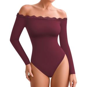 imageMANGOPOP Womens Off The Shoulder Long Sleeve Bodysuit Lace Body Suits Sexy Tops Fall Outfit 2025Burgundy