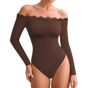 imageMANGOPOP Womens Off The Shoulder Long Sleeve Bodysuit Lace Body Suits Sexy Tops Fall Outfit 2025Coffee