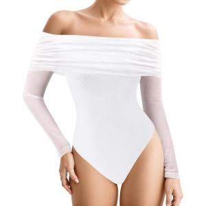 imageMANGOPOP Womens Off The Shoulder Long Sleeve Bodysuit Sexy Sheer Mesh Top Double Lined Body Suits Fall Outfit 202501 White
