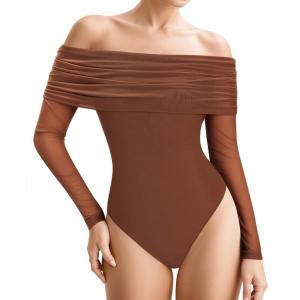 imageMANGOPOP Womens Off The Shoulder Long Sleeve Bodysuit Sexy Sheer Mesh Top Double Lined Body Suits Fall Outfit 2025Deep Coffee