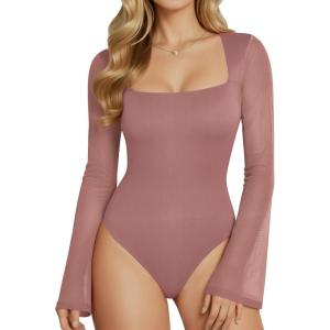 imageMANGOPOP Womens Square Neck Bell Sleeve Bodysuit Mesh Double Lined Body Suits Trend Going Out Tops Fall Outfits 2025Marsala