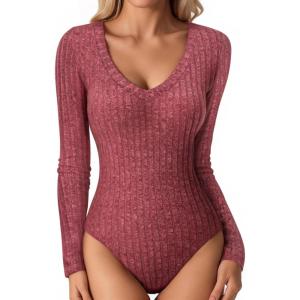 imageMANGOPOP Womens V Neck Long Sleeve Bodysuit Sweater Slim Fitted Body Suit Thermal Fleece Ribbed Knit Fall Tops 2025Burgundy