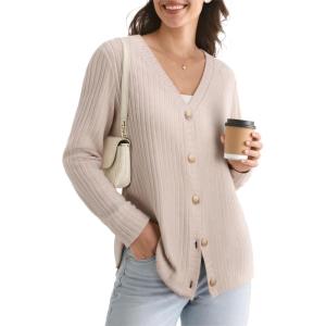imageWomens Lightweight Cardigan Fall Cozy Cardigan Sweaters V Neck Ribbed Button Up 2025 TrendyApricot