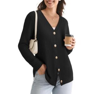 imageWomens Lightweight Cardigan Fall Cozy Cardigan Sweaters V Neck Ribbed Button Up 2025 TrendyBlack