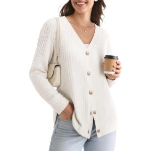 imageWomens Lightweight Cardigan Fall Cozy Cardigan Sweaters V Neck Ribbed Button Up 2025 TrendyWhite