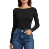 imageMANGOPOP Womens Backless Long Sleeve Bodysuit Boat Neck Y2K Body Suit Open Back Sexy Fall Basic Top01 Black