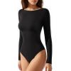 imageMANGOPOP Womens Backless Long Sleeve Bodysuit Boat Neck Y2K Body Suit Open Back Sexy Fall Basic Top01 Black