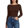 imageMANGOPOP Womens Backless Long Sleeve Bodysuit Boat Neck Y2K Body Suit Open Back Sexy Fall Basic TopCoffee