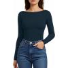imageMANGOPOP Womens Backless Long Sleeve Bodysuit Boat Neck Y2K Body Suit Open Back Sexy Fall Basic TopDeep Blue