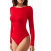imageMANGOPOP Womens Backless Long Sleeve Bodysuit Boat Neck Y2K Body Suit Open Back Sexy Fall Basic TopRed