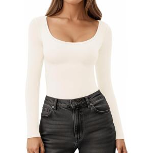 imageMANGOPOP Long Sleeve Shirts for Women Slim Fitted Scoop Neck Top Fleece Thermal Undershirts Base Layer Going Out Trendy 2025Bwhite