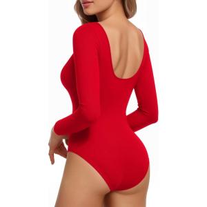 imageMANGOPOP Womens Backless Long Sleeve Bodysuit Boat Neck Y2K Body Suit Open Back Sexy Fall Basic TopRed