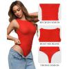 image:imageMANGOPOP Womens Tank Top Mesh Ruched Bodysuit Boat Neck Double Lined Sleeveless Thong Body Suit Going Out Summer Tops03 Red