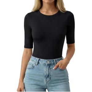image:imageMANGOPOP Half Sleeve Tops for Women Crew Neck Slim Fitted Casual Going Out T Shirt Tops 2026 TrendyBlack
