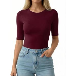 image:imageMANGOPOP Half Sleeve Tops for Women Crew Neck Slim Fitted Casual Going Out T Shirt Tops 2026 TrendyBurgundy