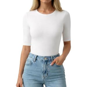 image:imageMANGOPOP Half Sleeve Tops for Women Crew Neck Slim Fitted Casual Going Out T Shirt Tops 2026 TrendyCreamy White
