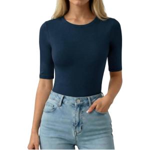 image:imageMANGOPOP Half Sleeve Tops for Women Crew Neck Slim Fitted Casual Going Out T Shirt Tops 2026 TrendyDeep Blue
